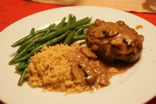 Salisbury steak with cremini mushroom gravy, couscous (whole wheat!) and green beans with lemon butter