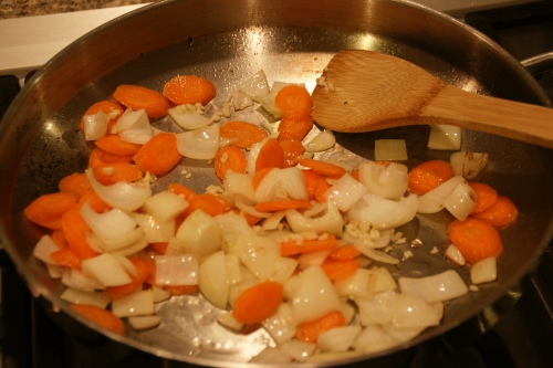 The onions will blister, the carrots will sizzle!  Watch the garlic so it doesn't burn!